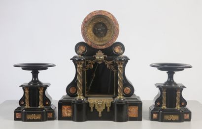 null A black and red marble and gilt bronze fireplace set including a clock and two...