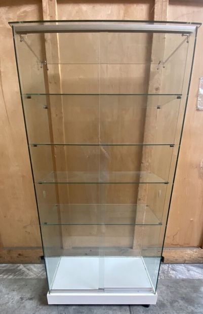 null TWO VITRINES with five shelves, glazed on all sides, opening with two sliding...