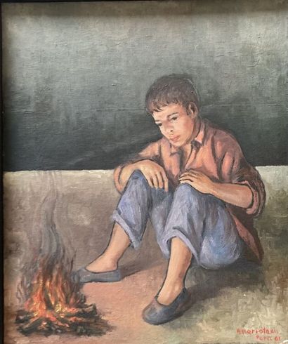 null 20th century school - Assariotakis 

Boy sitting by a fire 

Oil on isorel,...
