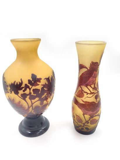 null TWO multi-layer glass vases with ochre decoration on a yellow background, one...