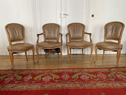 null SET including two cabriolet armchairs and two chairs in natural wood, molded...