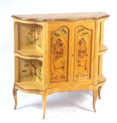 null TWO FURNITURE CABINETS in curved wood, yellow lacquered with chinoiseries decoration,...