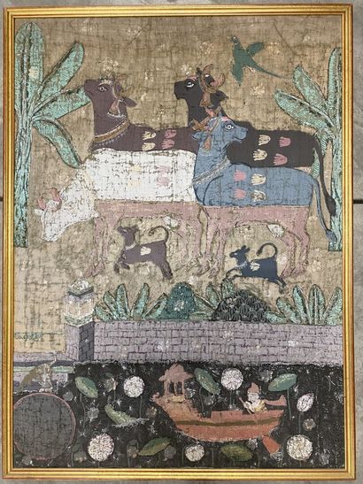 null INDIA

Fragment of painted fabric decorated with oxen on the banks of a river....