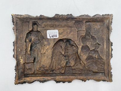 null PLAQUE in bronze with brown patina and repoussé decoration of a castle scene....