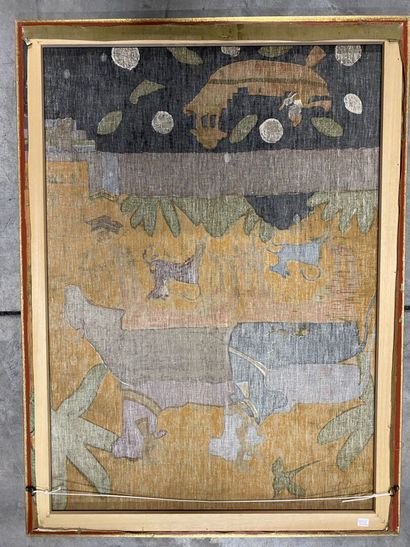 null INDIA

Fragment of painted fabric decorated with oxen on the banks of a river....