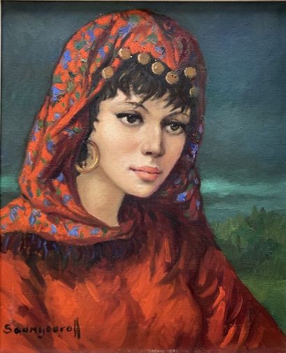 null Anatola SOUNGOUROFF (1911-1982) 

Portrait de femme au voile rouge

Huile sur...