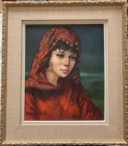 null Anatola SOUNGOUROFF (1911-1982) 

Portrait of a woman with a red veil

Oil on...