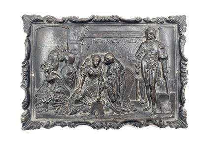 null PLAQUE in bronze with brown patina and repoussé decoration of a castle scene....