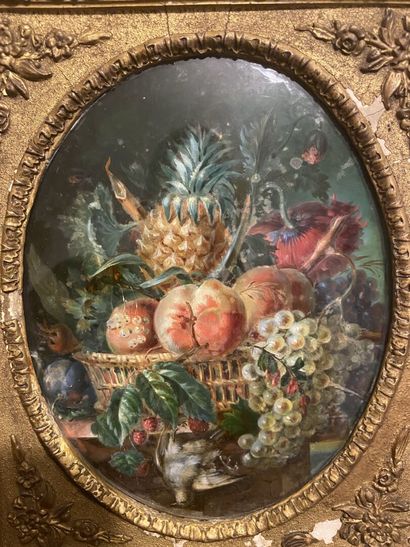 null School of the 19th century 

Still life with a flowering vase and a fruit basket.

Two...