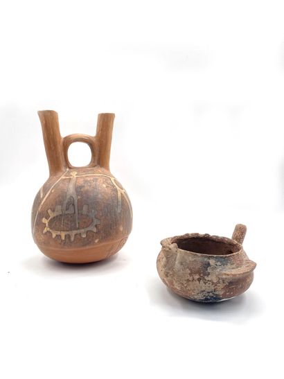 null Set including a terracotta cup decorated with a bird (Height 7.5 cm; Length...