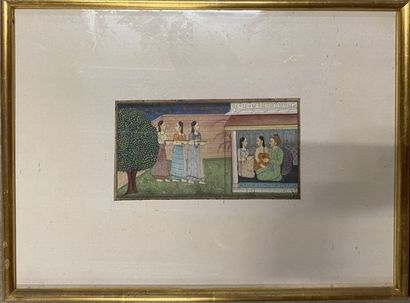 null Set of FOUR framed Persian miniatures representing hunting scenes, palaces,...