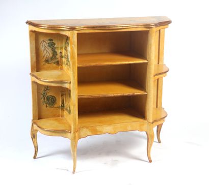 null TWO FURNITURE CABINETS in curved wood, yellow lacquered with chinoiseries decoration,...
