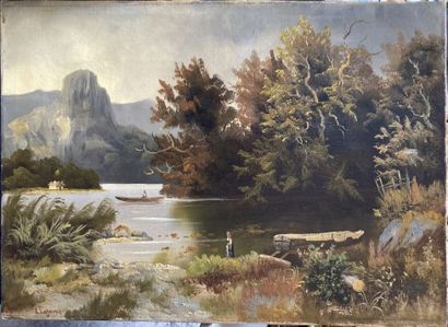 null School of the 19th century 

Edge of a river 

Oil on canvas, signed lower left....