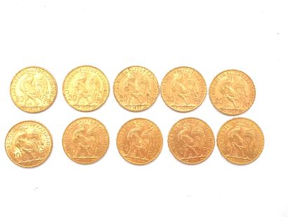 null FRANCE 

Dix pièces de vingt Francs or 1907 (5), 1910 (2), 1911 (3)