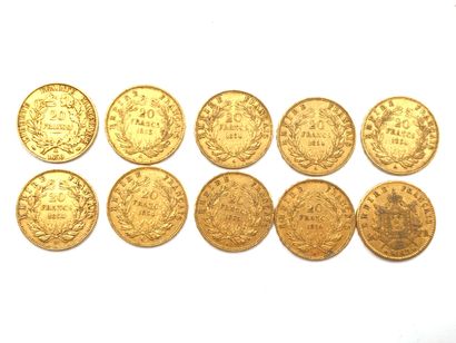 null FRANCE 

Dix pièces de vingt Francs or 1850 (1), 1853 (1), 1854 (5), 1855 (1),...