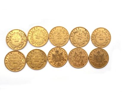 null FRANCE 

Dix pièces de vingt Francs or 1857 (2), 1859 (2), 1860 (3), 1864 (2),...