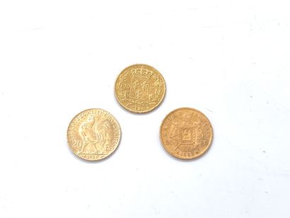 null Trois pièces de vingt francs or 1824, 1862 et 1908.
