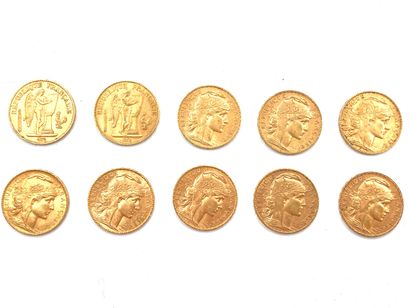 null FRANCE

Dix pièces de vingt Francs or 1895 (1), 1897 (1), 1904 (1), 1905 (2),...