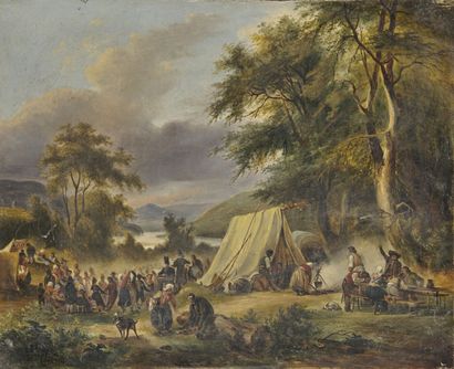 null ECOLE FLAMANDE du XIXe siècle 

Campement de bohémiens près d'un lac

Huile...