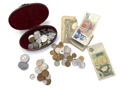 null *A set of coins and banknotes, mainly foreign, contained in a silver metal box...