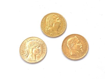 null Trois pièces de vingt francs or 1824, 1862 et 1908.
