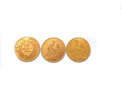 null FRANCE 

Trois pièces de 10 Francs or 1864 (1), 1905 (2)