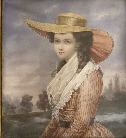 null Gouache représentant une élégante chapeautée. 

XIXe siècle 

18 x 16,5 cl ...