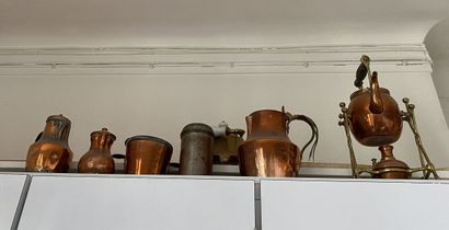 null SET of kitchen utensils in gilded brass and copper including pots, pans and...