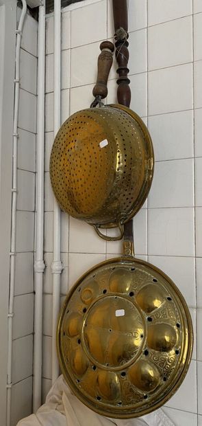 null SET of kitchen utensils in gilded brass and copper including pots, pans and...