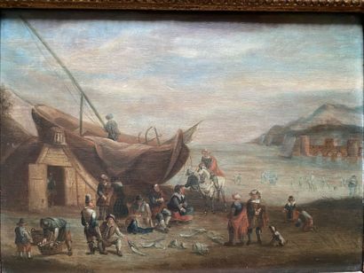 null 18th century FRENCH SCHOOL 

Animated harbor scene

Oil on panel

25 x 34 c...