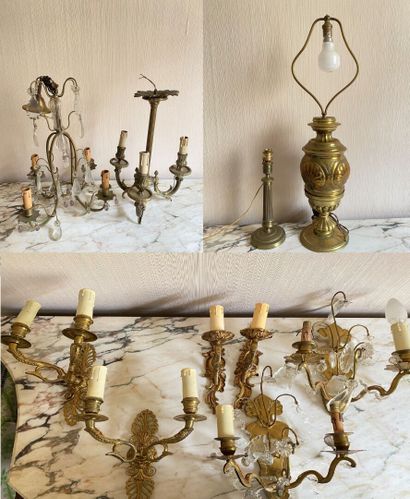 null SET OF LIGHTS including : 

- 3 pairs of gilt bronze sconces, one with glass...