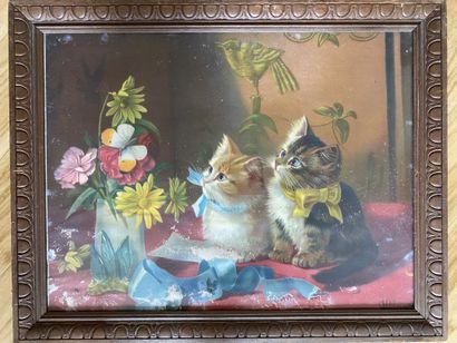 null FRENCH SCHOOL of the XXth century 

Cats with a flowering vase. 

Print on paper...