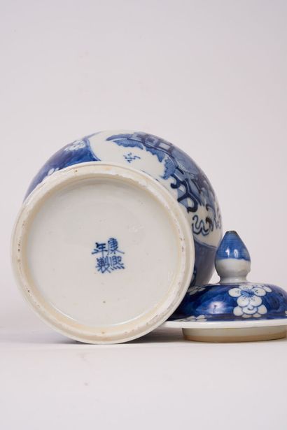 null CHINE, XIXe siècle 

Potiche couverte à décor en camaïeu bleu d'objets de lettré...