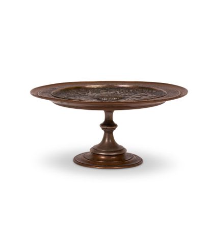 null CUP on pedestal in bronze with brown and silver patina, the center decorated...