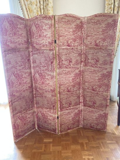 null THREE PARAVENTS, one in pink fabric with 4 leaves (140 x 35 cm the sheet), the...