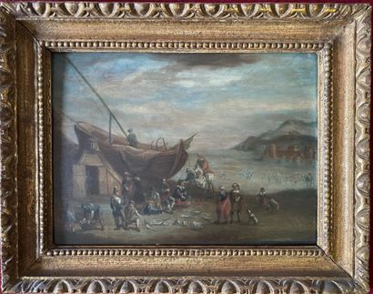 null 18th century FRENCH SCHOOL 

Animated harbor scene

Oil on panel

25 x 34 c...