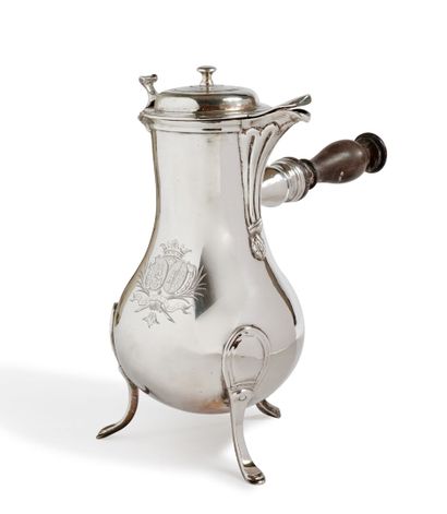 null Baluster-shaped tripod coffee pot in plated metal, stamped with a coat of arms...