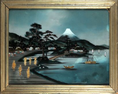 null JAPON, XXe siècle 
Vue du Mont Fuji
Fixé sous verre, collages, gouaches et incrustations...