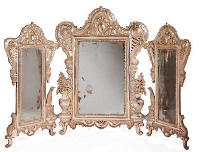 null Silver triptych mirror with repoussé decoration of cartouches, scrolls, flowered...