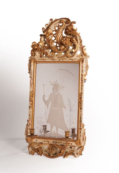 null Pair of Italian varnish, wood and gilded iron light-bearing mirrors, with two...
