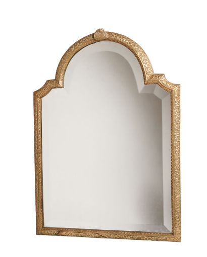 null Bronze mirror of scalloped shape in the top, the beveled glass.
Style of the...