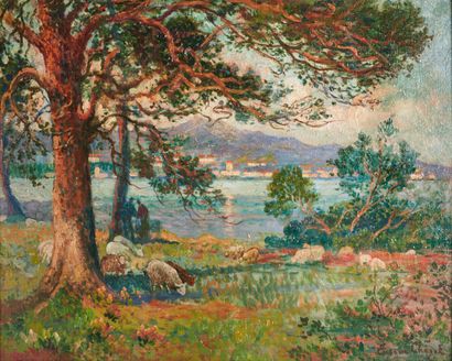 null Eugène CHIGOT (1860-1923)
Moutons en bord de fleuve
Huile sur toile signée en...