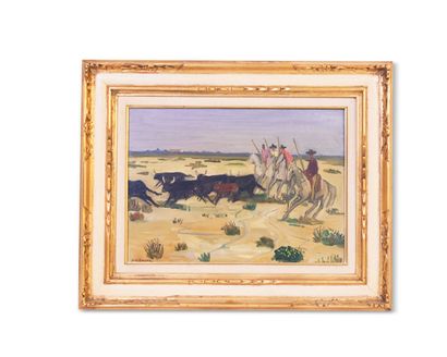 null Yves BRAYER (1907- 1990)
Bulls and Guardians, 1957 
Oil on canvas, signed lower...