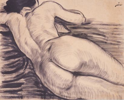 null Louis JOU. Naked woman crouching and lying down, back and side. 
Two original...