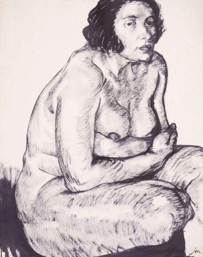 null Louis JOU. Naked woman, seated and squatting. 
Two original drawings, signed...