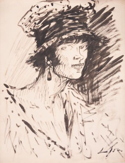 null Louis JOU. Portraits of a Woman with a Hat and Study of Women. 
Three original...