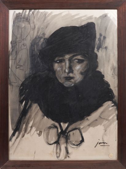 null Louis JOU. Portrait de femme au chapeau. Dessin original signé, encre de Chine...