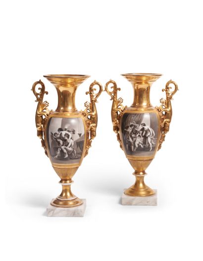 null Paris
Pair of baluster-shaped porcelain vases with gold background, decorated...