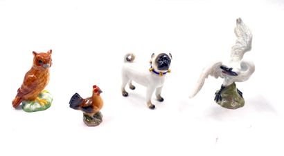 null Meissen
A pug, a swan, an owl and a hen miniatures in porcelain with polychrome...