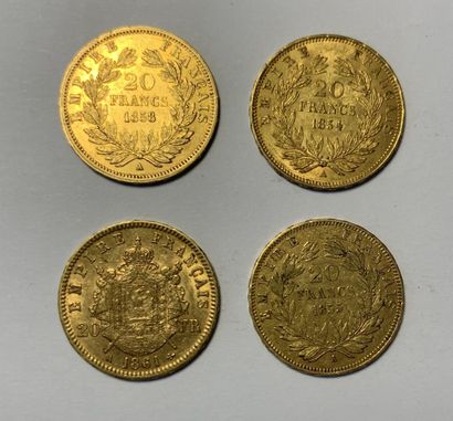 null * Quatre pièces de 20 francs or Napoléon III entre 1854 et 1861
Poids : 25.5...